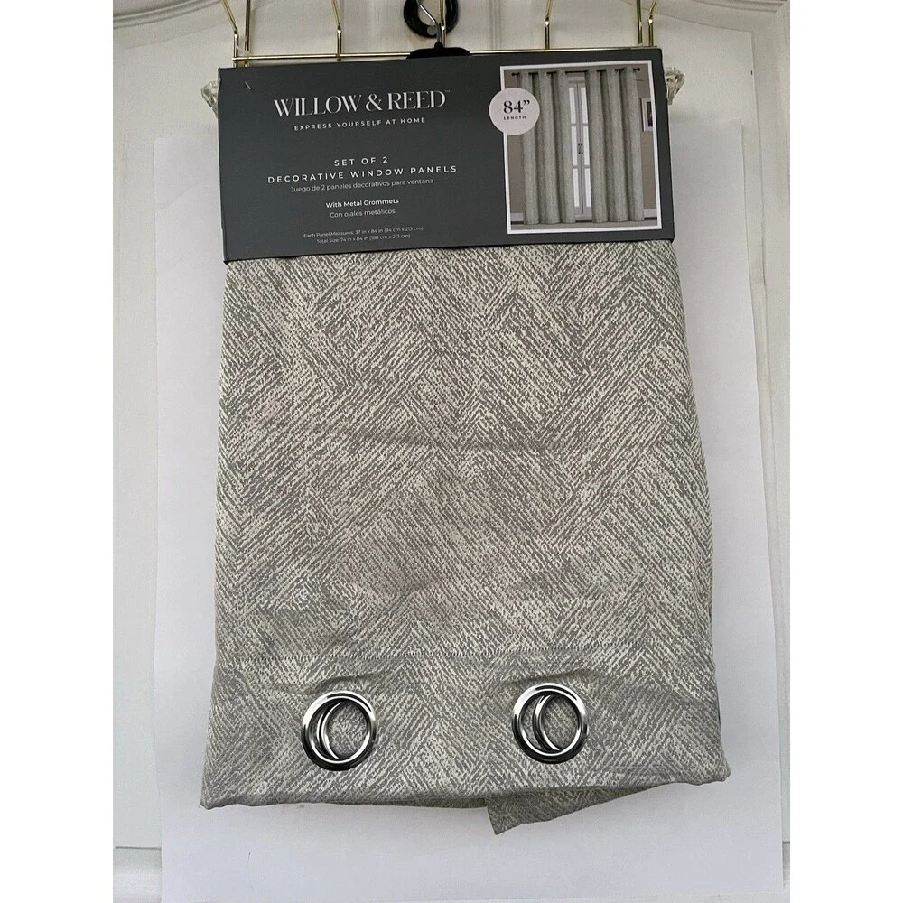 Willow & Reed Set 2 Curtain Panels Gray Geometric Grommet 84” Long